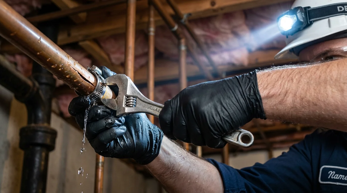 Emergency pipe clamp repair being performed by a Johns Plumbing LLC plumber in Choteau