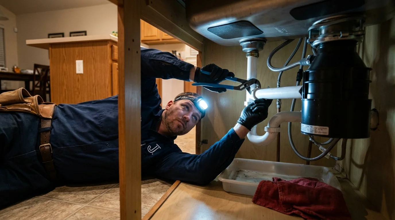 P-trap and supply line connections under a kitchen sink showing a common leak point in Choteau, MT